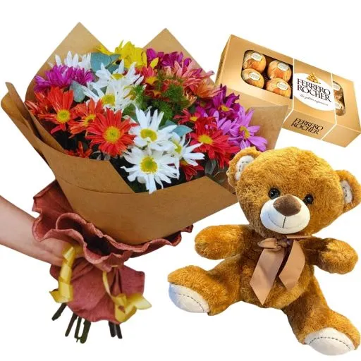 Ramo de flores margaritas con chocolates y peluche